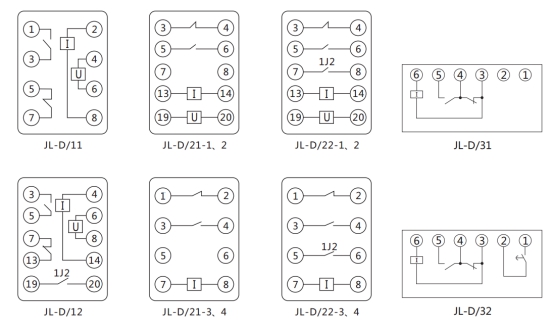 JL-D/31繼電器內(nèi)部接線(xiàn)及外引接線(xiàn)圖（正視圖）