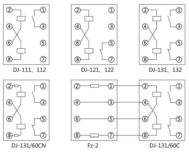 DJ-131/60CN電壓繼電器內(nèi)部接線(xiàn)及外引接線(xiàn)圖（正視圖）