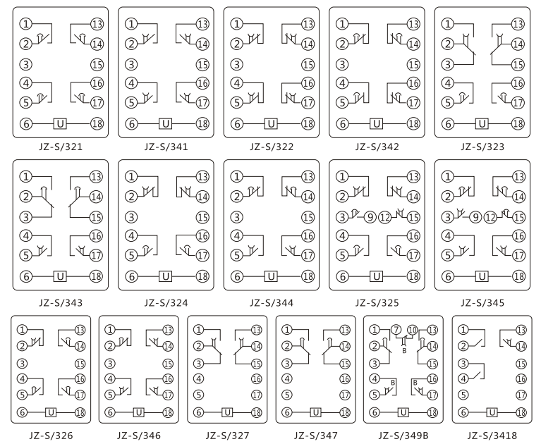 JZ-S/2418靜態(tài)可調(diào)延時(shí)中間繼電器內(nèi)部接線圖及外引接線圖